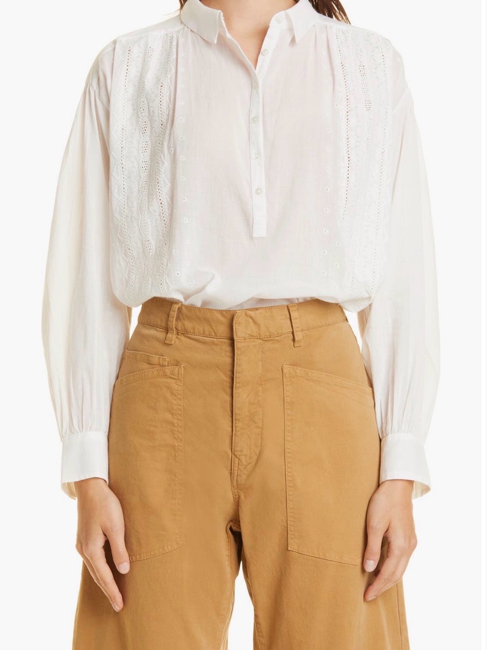 Nili Lotan Selene Embroidered Cotton Popover Blouse Cream Ivory Eyelet Shirt